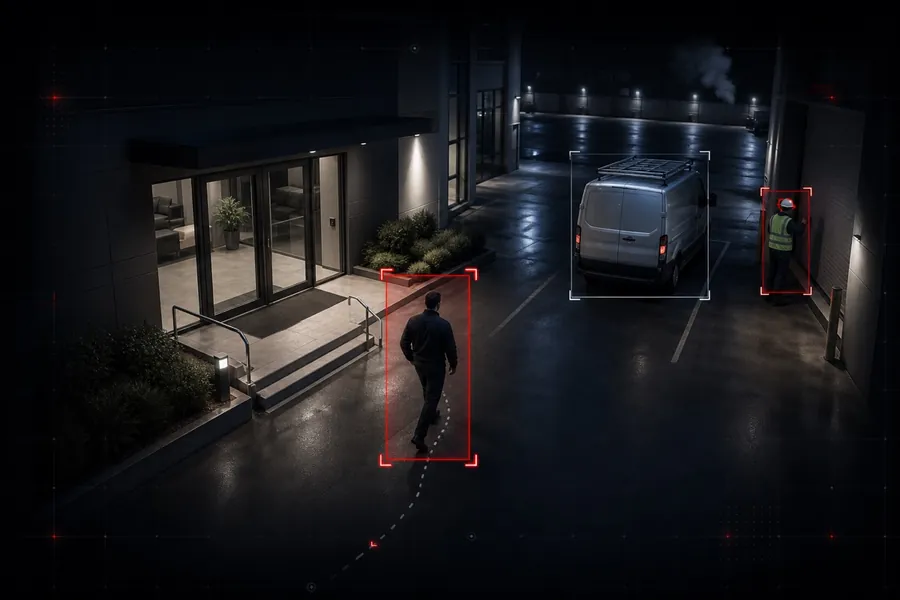 QORA AI automatically detecting a person, a van and a worker across a security camera feed with confidence boxes