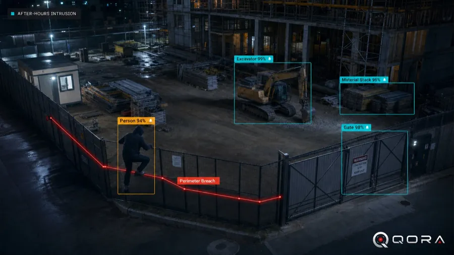 QORA construction site security — after-hours intrusion flagged on a jobsite camera
