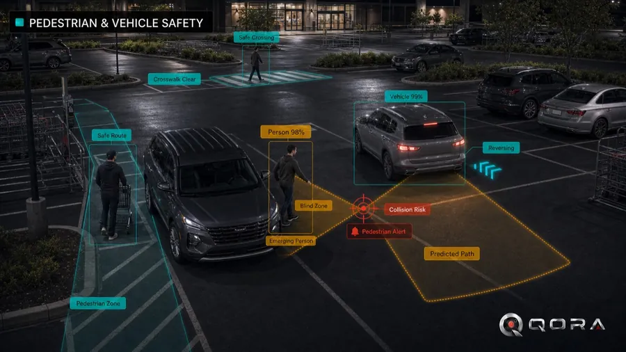 QORA highlighting pedestrians and vehicles in close proximity in a parking lot drive lane