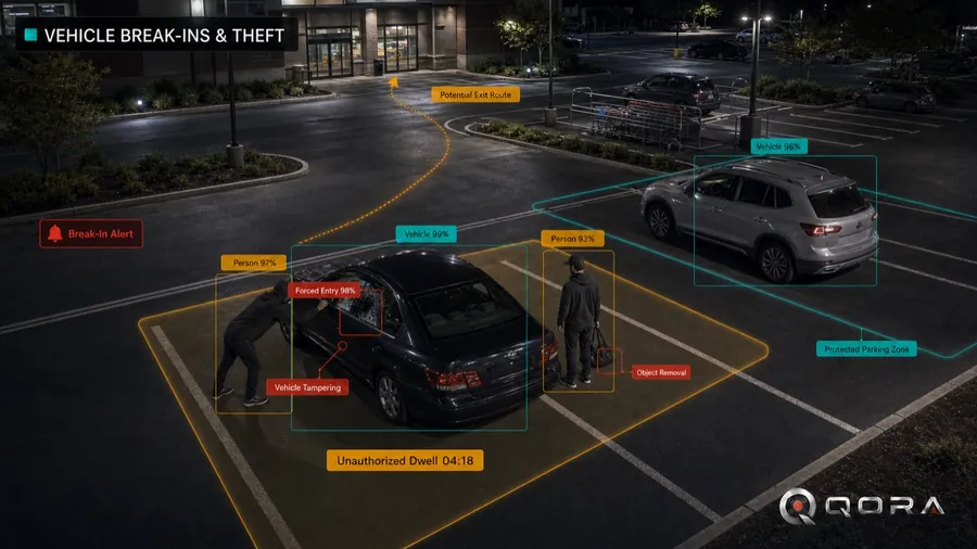 QORA detecting a person lingering around parked vehicles in a parking lot