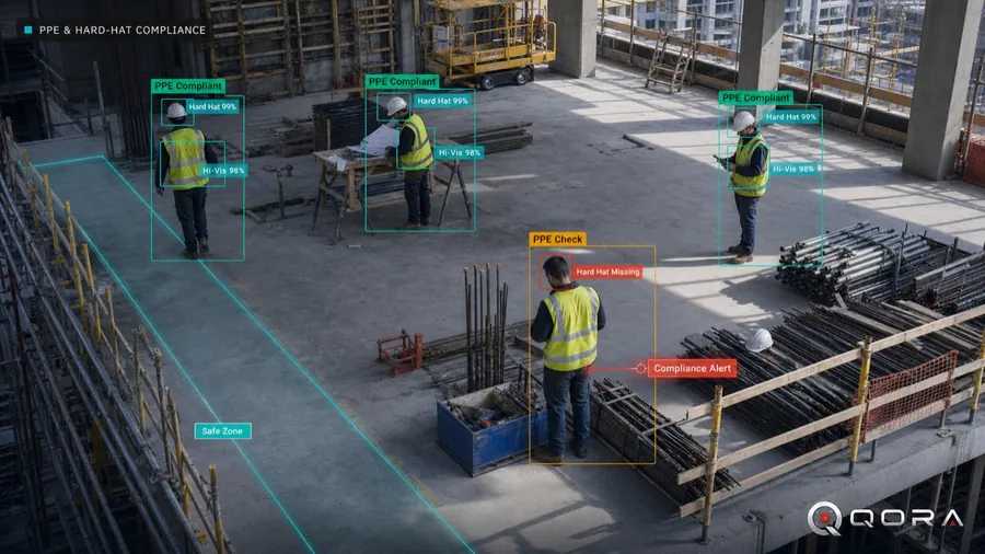 QORA construction safety — hard-hat and PPE compliance monitoring