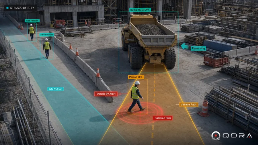 QORA flagging struck-by risk between a worker and moving equipment on a jobsite